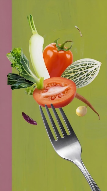 Photo collage vegetables stabbed on a silver fork on the colored background closeup