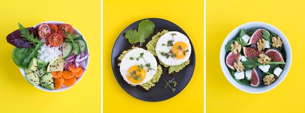 Collage of vegetarian food on the yellow background Top view Closeup