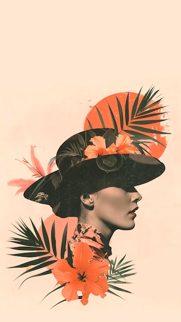 Collage of a vintage woman in a hat with flowers on it and peachy background