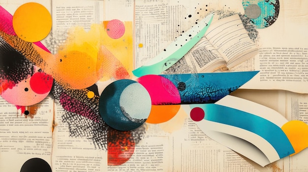 Photo collage of whimsical illustrations old book pages and colorful abstract shapes forming a playful and imaginative composition