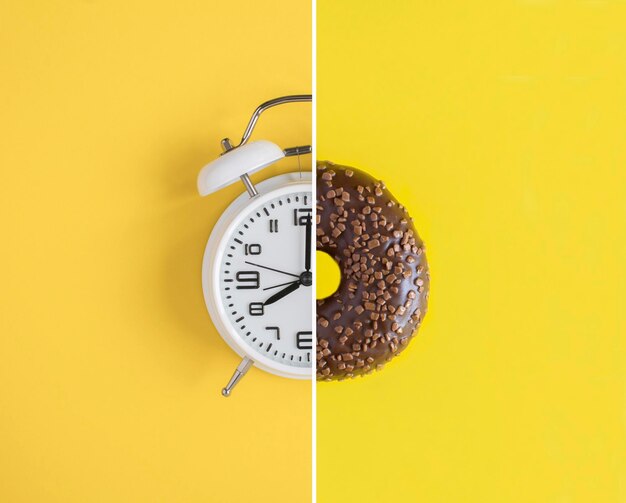 Photo collage of white alarm clock and donut with chocolate glaze on the yellow background copy space closeup