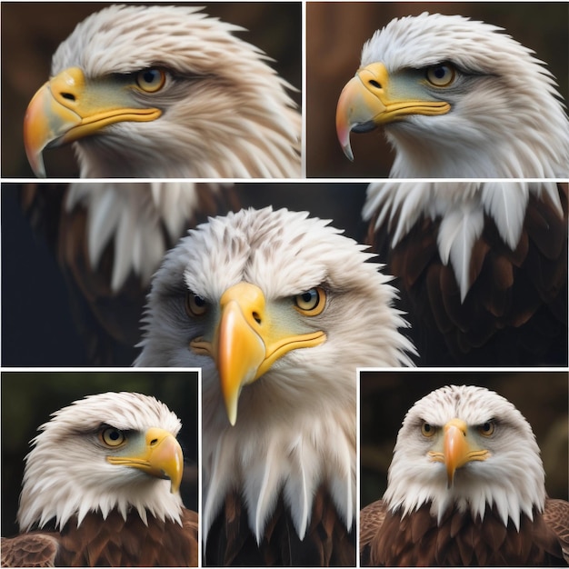 Photo collage of white and brown eagle in close up