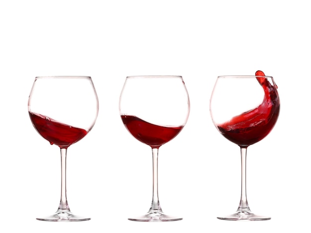 Collage Wine collection Splashing red wine in a glass Isolated on white background