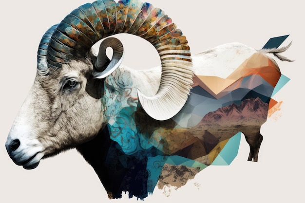 Collage with abstract art Clip art of a bighorn sheep with a human body and a ram39s head