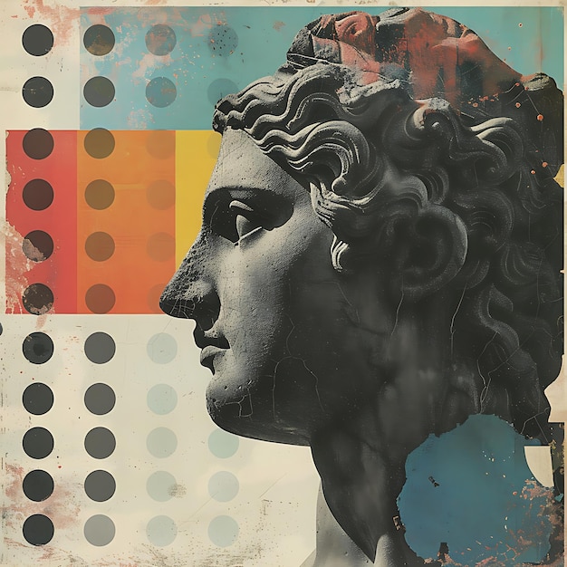 Collage with ancient sculpture profile vintage dots texture retro magazine style elements