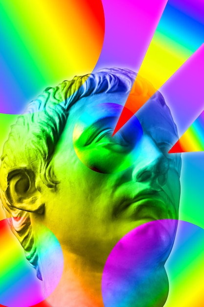 Collage with antique sculpture of human face LGBT community rainbow colors symbol