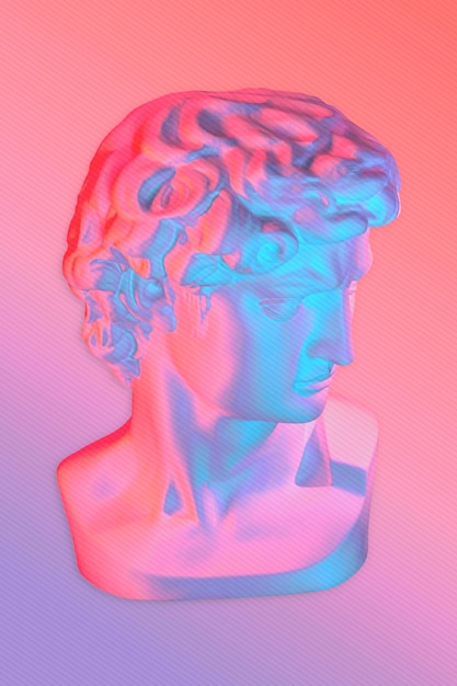 Collage with antique sculpture of human face in neon style modern creative concept image with