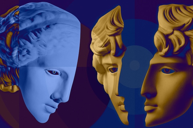 Collage with antique sculpture of human face in pop art style modern creative concept image with