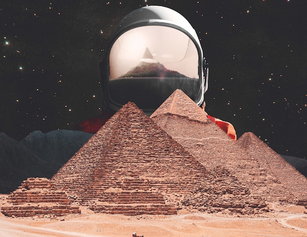 Collage with astronaut and  pyramids