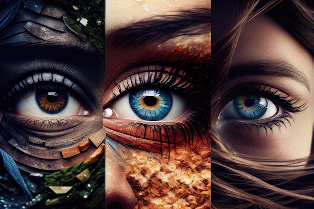 Collage with face eye and hair details to create unique photorealistic look