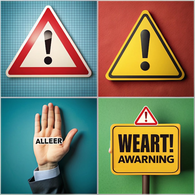 Photo collage with the hand with alert sign warning sign alert beware pointing eyecatching announcement and exclamation point on the sign