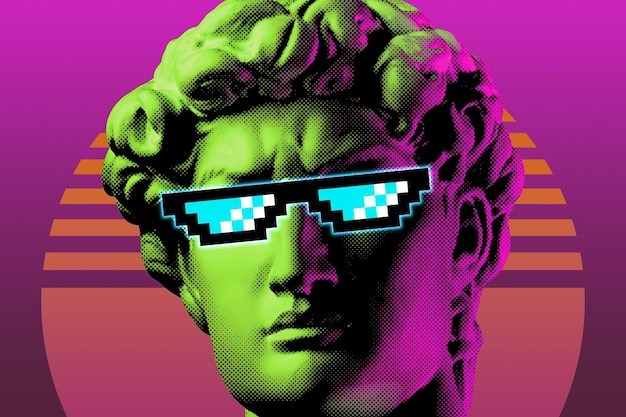 Collage with man face of antique sculpture in pixel glasses vaporwave style modern creative image