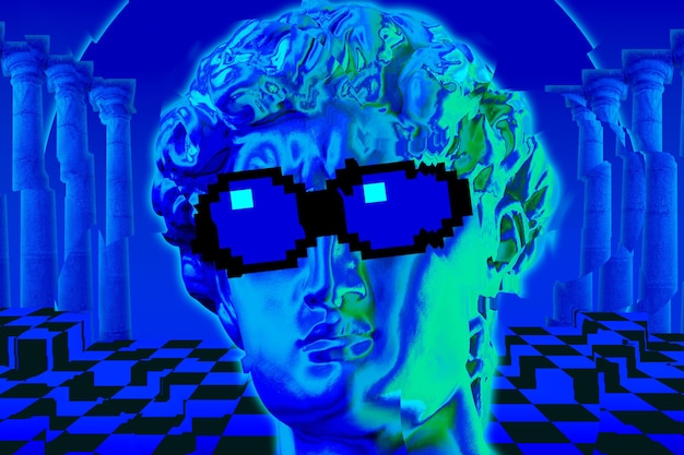 Collage with man face of antique sculpture in pixel glasses vaporwave style modern creative image