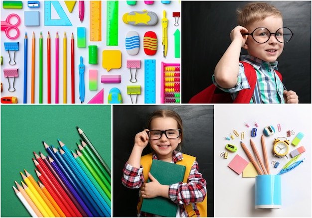 Collage with photos of cute children and different stationery Back to school