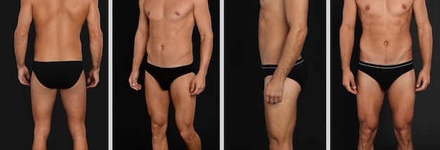 Collage with photos of man wearing underwear on black background closeup Banner design