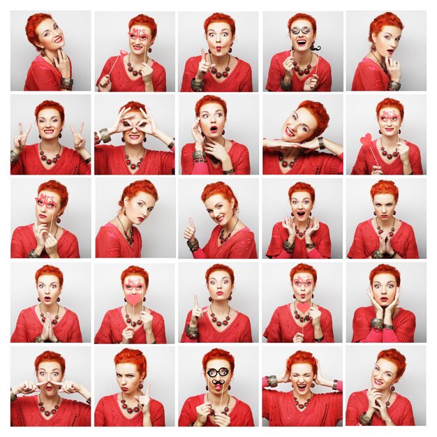 Collage of woman different facial expressions