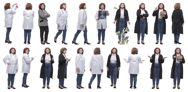 Collage of a woman in full growth displaying many professions