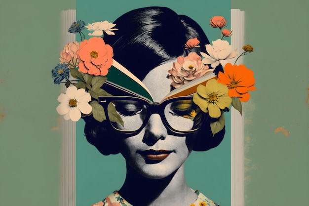 Collage woman portrait and flowers vintage style