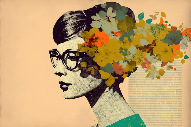 Collage woman portrait and flowers vintage style