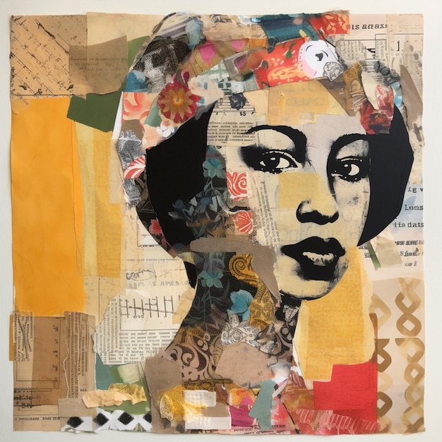 A collage of a woman's face is surrounded by magazines and papers.