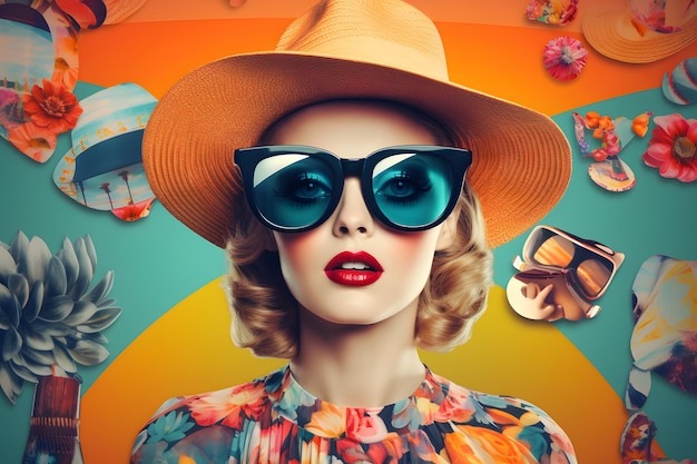 Collage of woman wearing cute hat and sunglasses Travel concept with colorful vintage patterns and