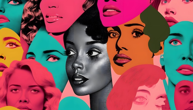 A collage of women with different faces and one of them has a pink background.