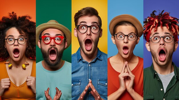 Photo collage of young surprised man and woman with different facial expressions on colorful background