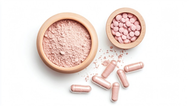 Collagen Powder and Pills on White Background