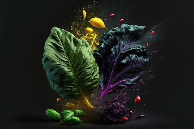 Collard greens vegetables splash isolated on black background