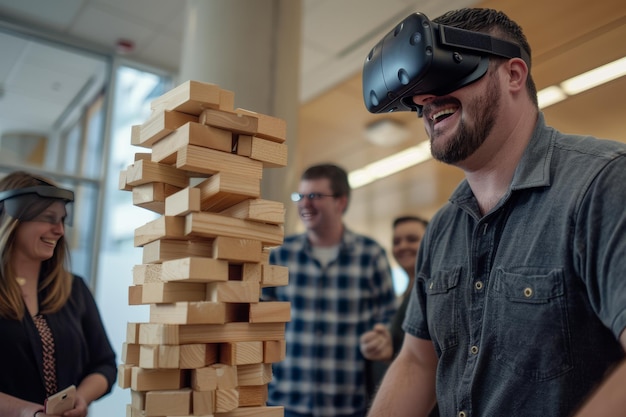 Colleagues bonding through giant jenga and virtual reality team building activities