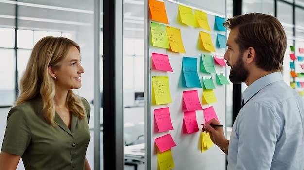 Colleagues brainstorming with sticky notes on a whiteboard