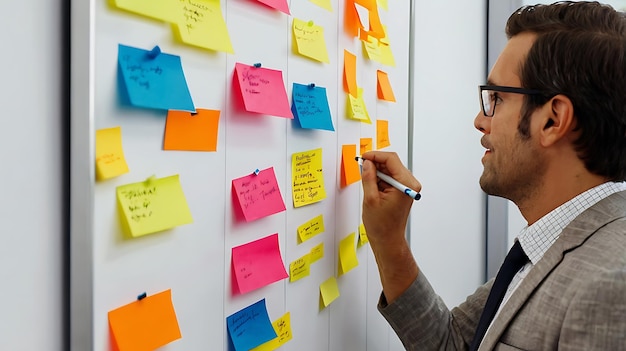 Colleagues brainstorming with sticky notes on a whiteboard