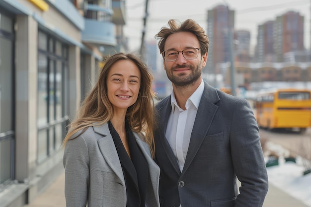 Colleagues business woman and man in the street near the business center real estate background