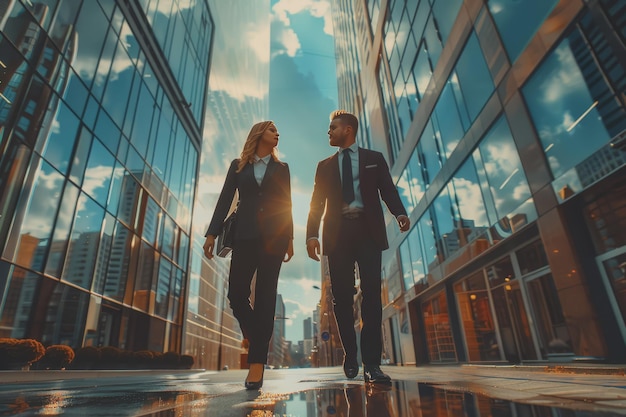 Colleagues business woman and man in the street near the business center real estate background