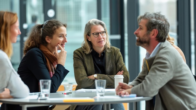 Photo colleagues exchanging insights during a productive seminar