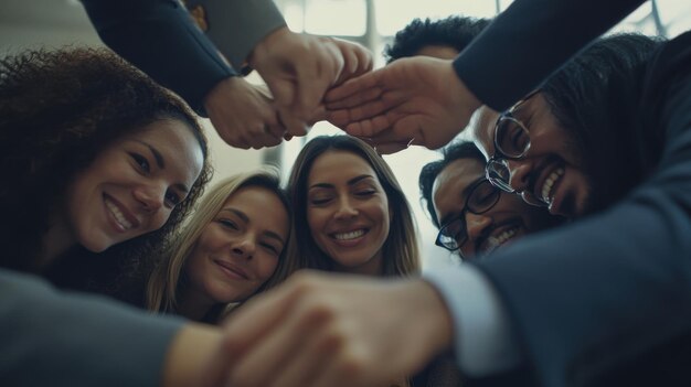 Colleagues gather joyfully bonding over shared successes and smiles in their bright workplace