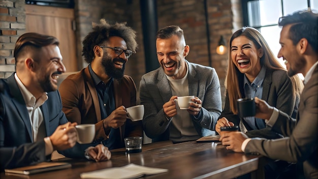 Colleagues laughing over a cup of coffee during a team meeting concept as A candid moment capturing