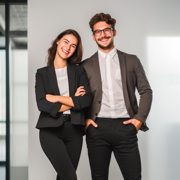 Colleagues man and woman leaning on each other