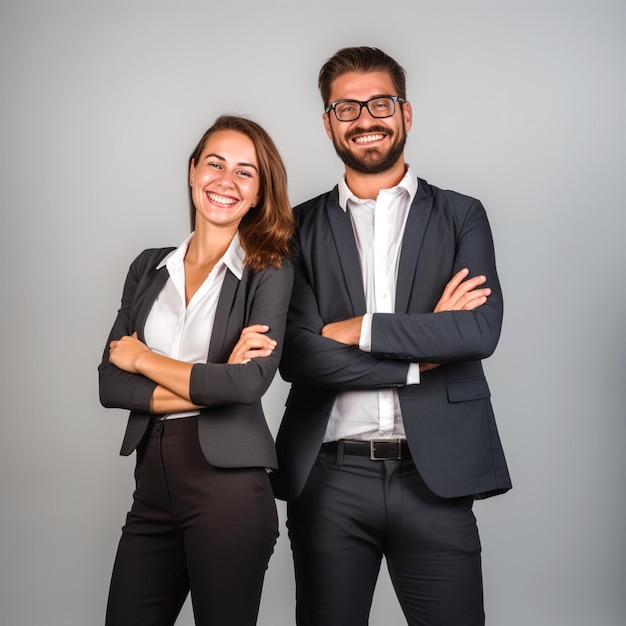 Colleagues man and woman leaning on each other