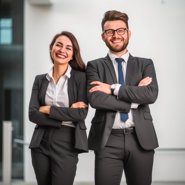 Colleagues man and woman leaning on each other