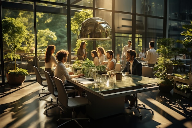 Colleagues at meeting in boardroom sitting at table together sharing ideas discussing project strategy Generated with AI