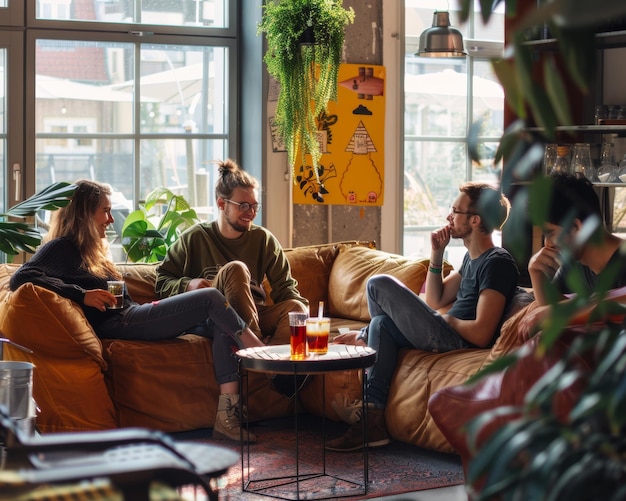 Colleagues relaxing in co working space enjoying snacks and drinks during work break