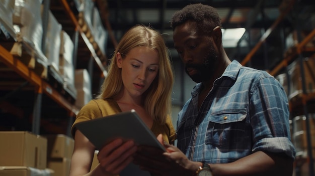 Photo colleagues using tablet in warehouse