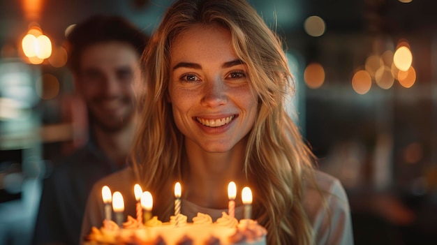 Colleagues with cheerful smiles celebrate a birthday in the office with cake and decorations