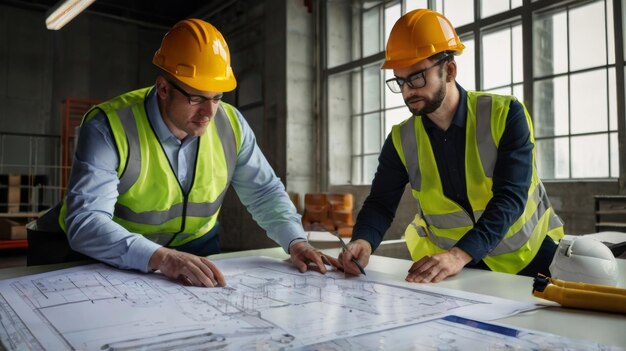 Photo colleagues with safety equipment working with blueprint