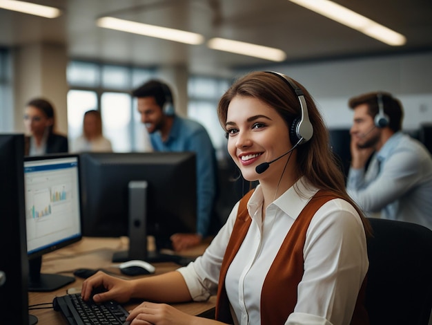 Colleagues working together in call center office are very happy