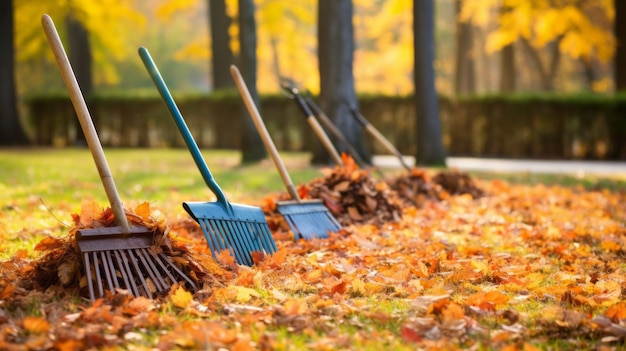 Collecting Raking cleaning fallen leaves from the lawn on the lawn with a broom Rake in the park on a sunny day Autumn Horizontal Background with copy space