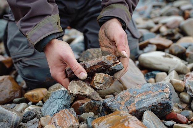 Photo collecting sedimentary rock samples ar generative ai