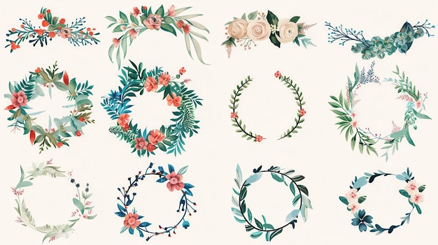 A collection of 12 watercolor floral wreaths perfect for adding a touch of elegance and beauty to wedding invitations festival decorations and other special events Generative AI