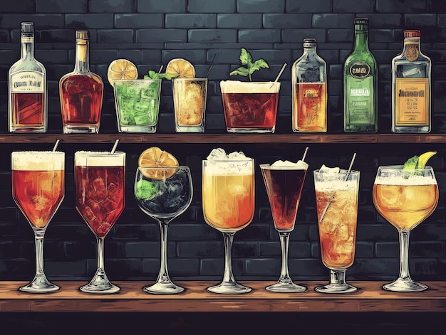 Photo a collection of 14 different cocktails on a wooden shelf with a brick wall in the background